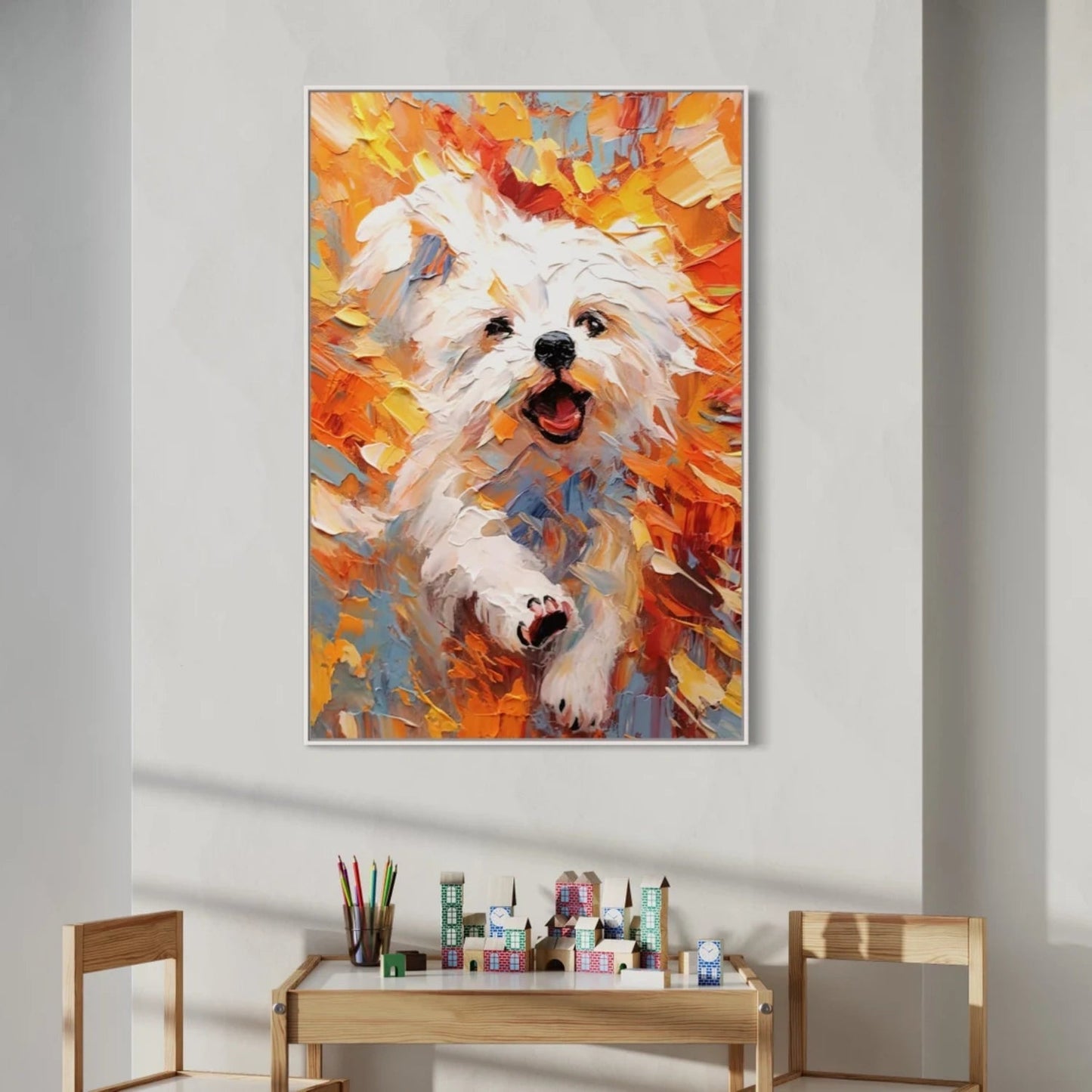 Vibrant Running White Dog Painting - Large Hand-Painted Textured Animal Wall Art on Canvas #ZZ167