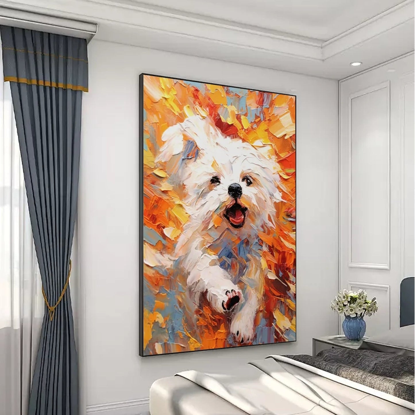 Vibrant Running White Dog Painting - Large Hand-Painted Textured Animal Wall Art on Canvas #ZZ167