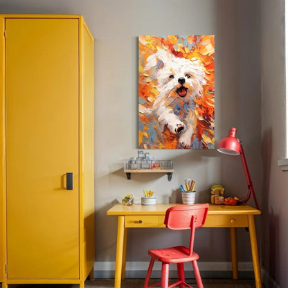 Vibrant Running White Dog Painting - Large Hand-Painted Textured Animal Wall Art on Canvas #ZZ167