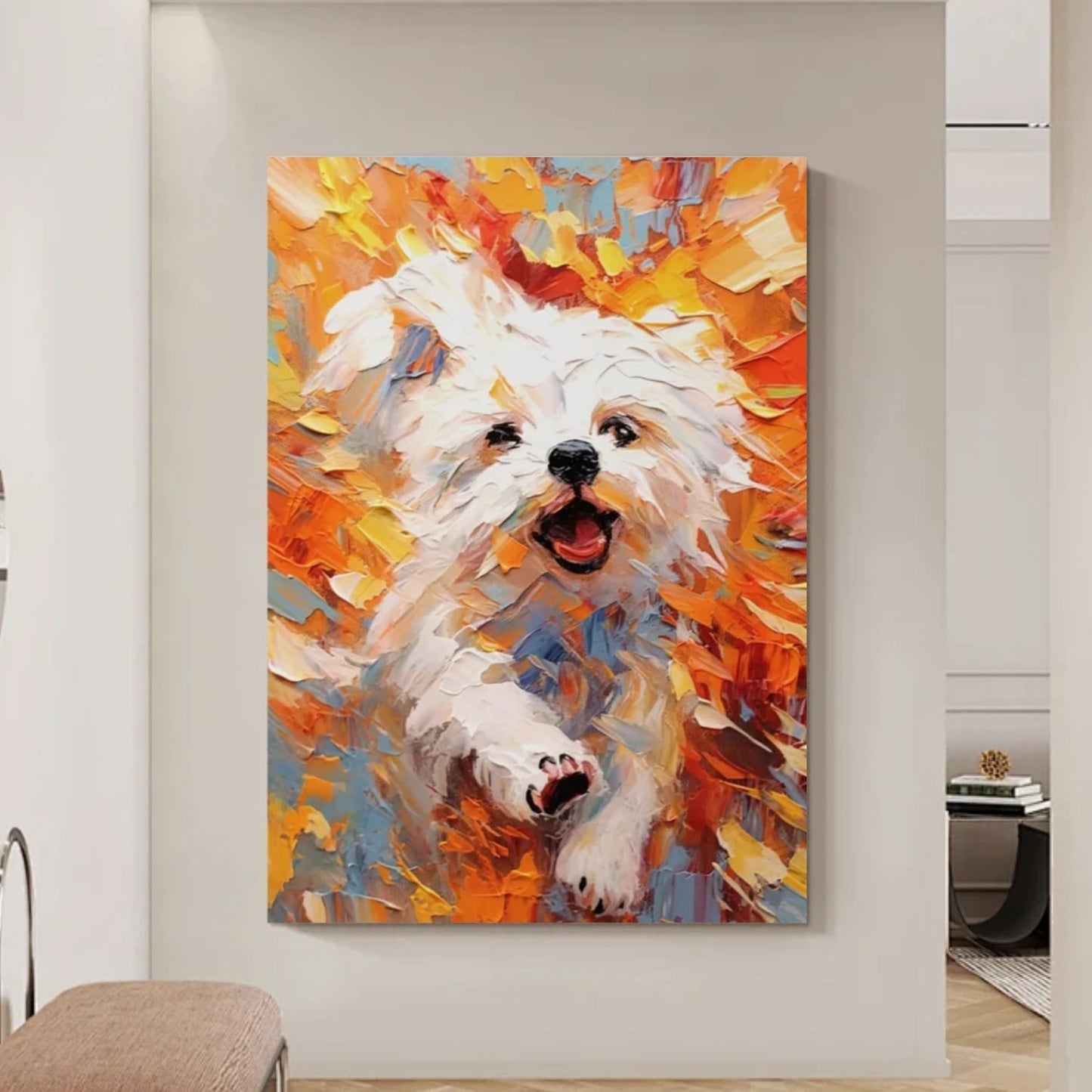 Vibrant Running White Dog Painting - Large Hand-Painted Textured Animal Wall Art on Canvas #ZZ167
