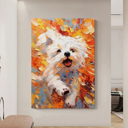 Vibrant Running White Dog Painting - Large Hand-Painted Textured Animal Wall Art on Canvas #ZZ167