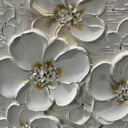 Textured White Floral Oil Painting - Elegant Blossom Wall Art #ZZ 251