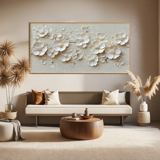 Textured White Floral Oil Painting - Elegant Blossom Wall Art #ZZ 251