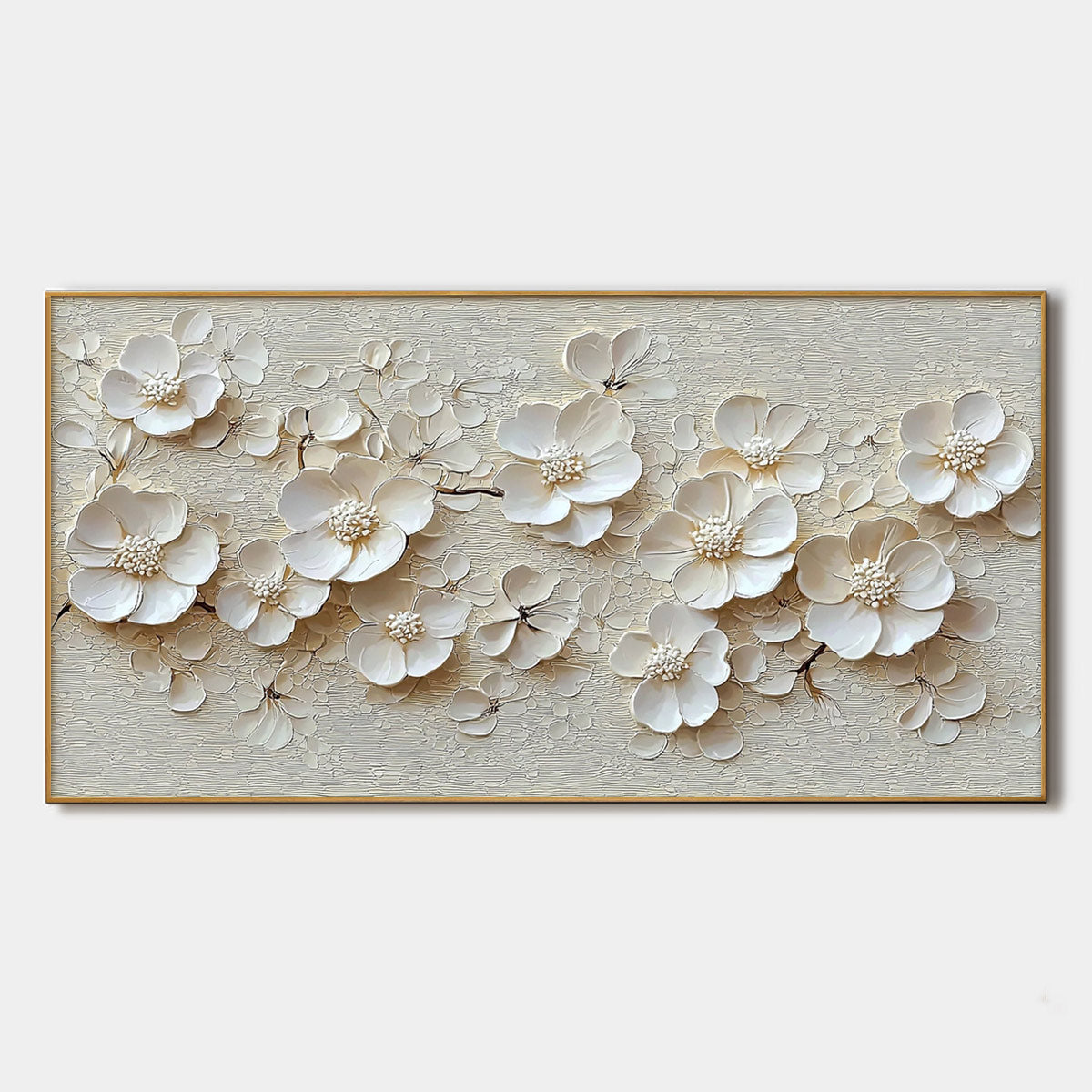 Textured White Floral Oil Painting - Elegant Blossom Wall Art #ZZ 251