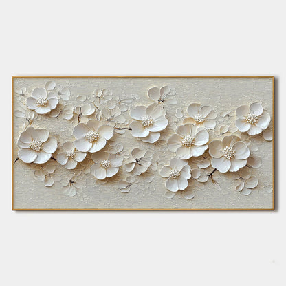 Textured White Floral Oil Painting - Elegant Blossom Wall Art #ZZ 251