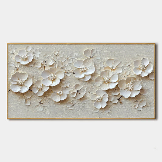 Textured White Floral Oil Painting - Elegant Blossom Wall Art #ZZ 251