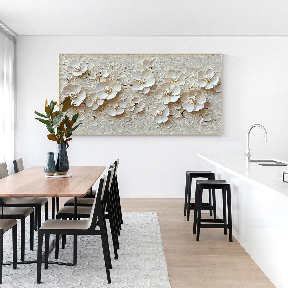 Textured White Floral Oil Painting - Elegant Blossom Wall Art #ZZ 251