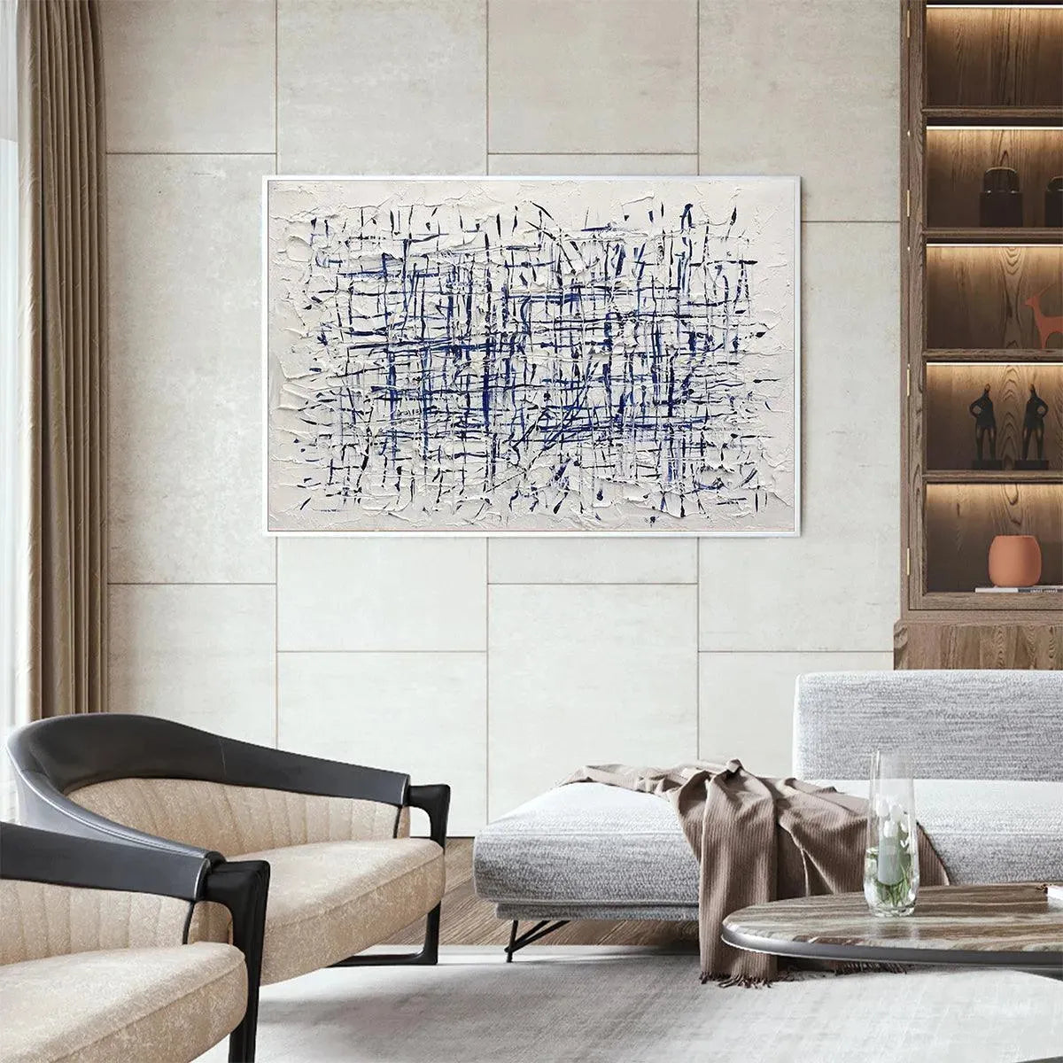 Modern Abstract Blue & White Linear Grid Painting - Large Textured Geometric Wall Art on Canvas #AA205