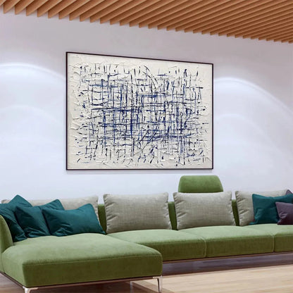 Modern Abstract Blue & White Linear Grid Painting - Large Textured Geometric Wall Art on Canvas #AA205