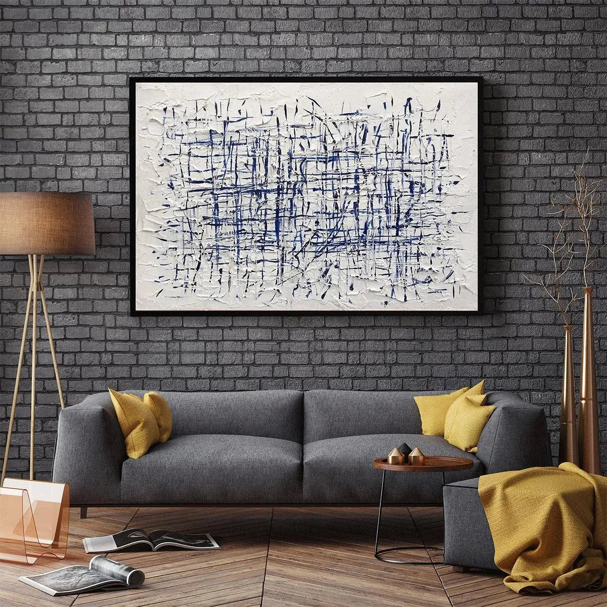 Modern Abstract Blue & White Linear Grid Painting - Large Textured Geometric Wall Art on Canvas #AA205