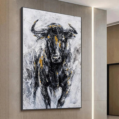 Powerful Bull Wall Art - Large Hand-Painted Textured Animal Oil Painting on Canvas for Office or Man Cave #AA011
