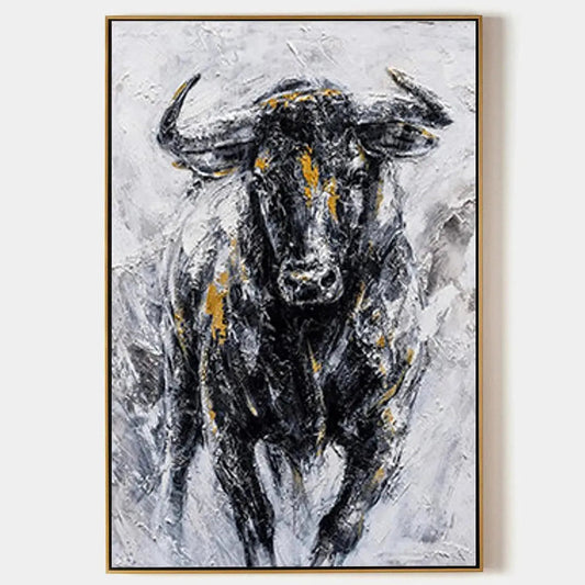 Powerful Bull Wall Art - Large Hand-Painted Textured Animal Oil Painting on Canvas for Office or Man Cave #AA011