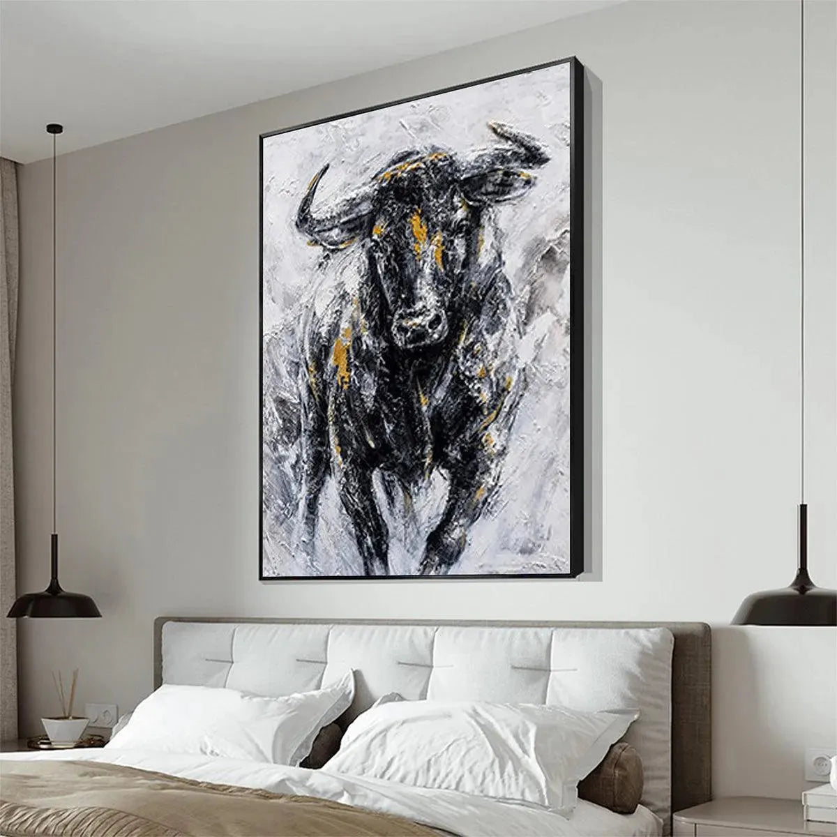 Powerful Bull Wall Art - Large Hand-Painted Textured Animal Oil Painting on Canvas for Office or Man Cave #AA011