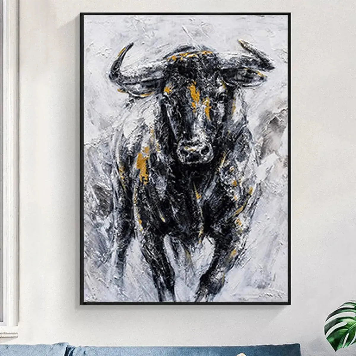 Powerful Bull Wall Art - Large Hand-Painted Textured Animal Oil Painting on Canvas for Office or Man Cave #AA011