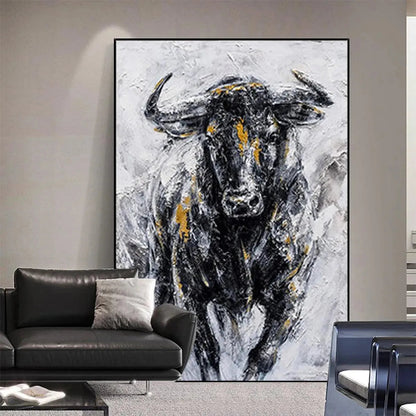 Powerful Bull Wall Art - Large Hand-Painted Textured Animal Oil Painting on Canvas for Office or Man Cave #AA011
