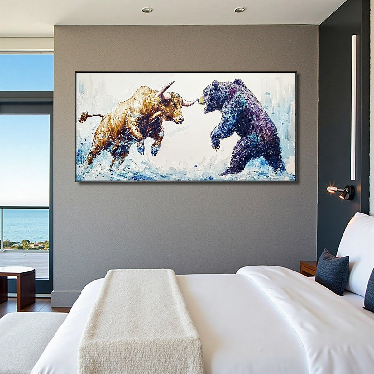 Minimalist Abstract Bull and Bear Oil Painting - Textured Hand-Painted Finance Office Art #ZZ241