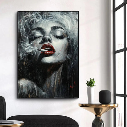 Red Lips Smoking Woman Art | Chic Monochrome Wall Decor