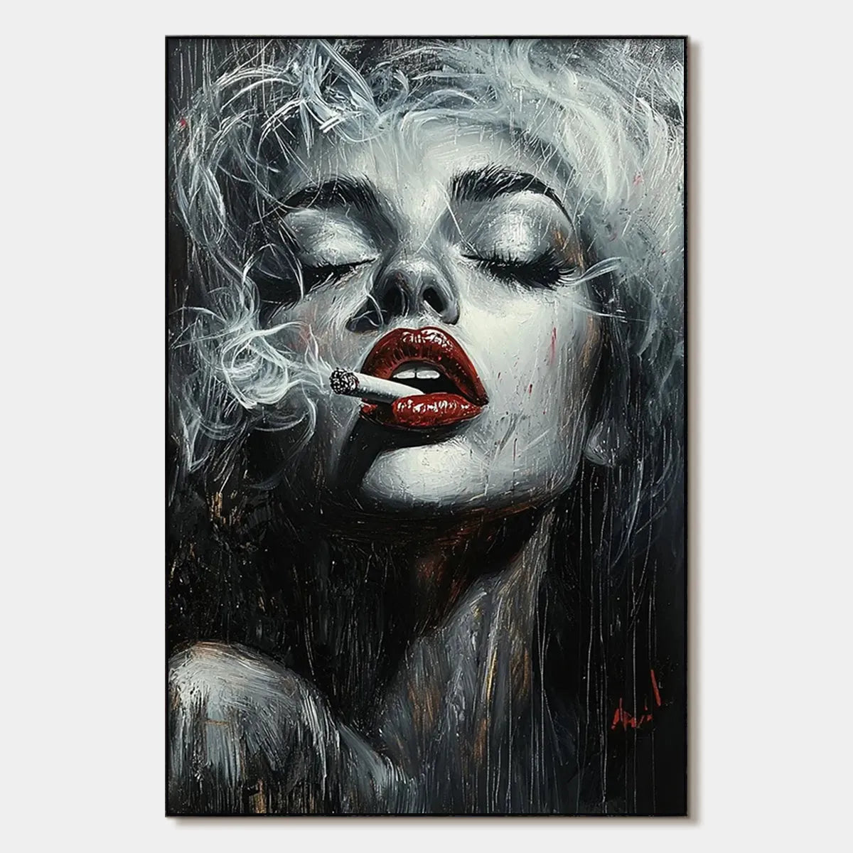 Modern Pop Art Woman Smoking Wall Decor - Large Hand-Painted Glam Canvas Oil Painting for Living Room #AA005