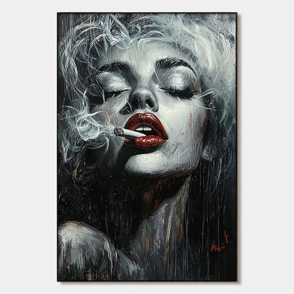 Modern Pop Art Woman Smoking Wall Decor - Large Hand-Painted Glam Canvas Oil Painting for Living Room #AA005