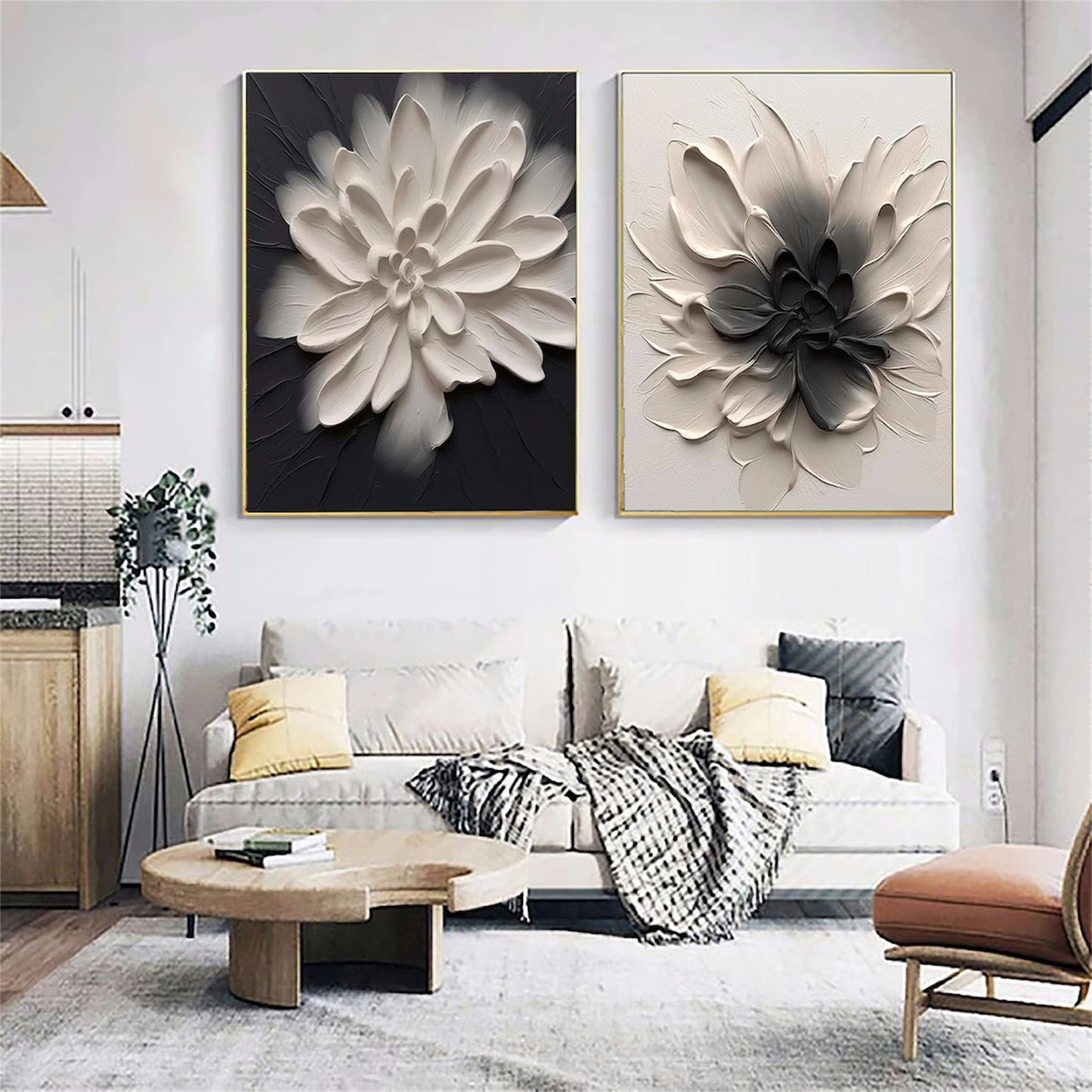 Modern 3D Textured Black & White Flower Painting Set - Large Minimalist Floral Diptych Art on Canvas #JJ085