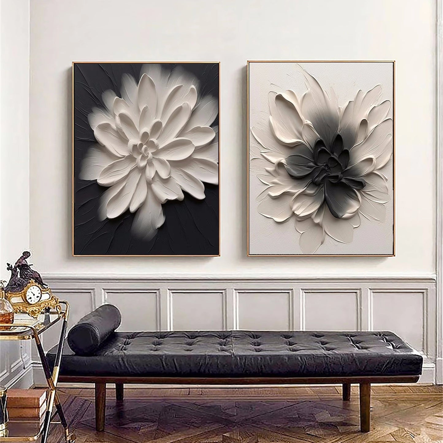 Modern 3D Textured Black & White Flower Painting Set - Large Minimalist Floral Diptych Art on Canvas #JJ085