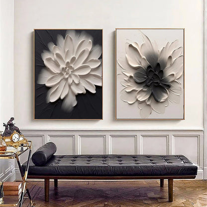 Modern 3D Textured Black & White Flower Painting Set - Large Minimalist Floral Diptych Art on Canvas #JJ085