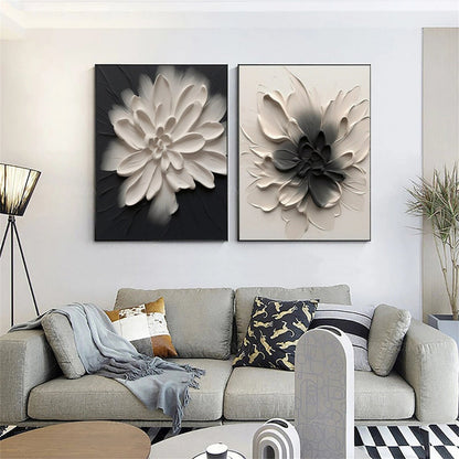 Modern 3D Textured Black & White Flower Painting Set - Large Minimalist Floral Diptych Art on Canvas #JJ085