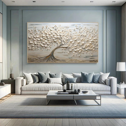 Oversized Abstract Tree Painting - Large Beige Textured Horizontal Wall Art on Canvas #ZZ142