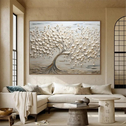 Oversized Abstract Tree Painting - Large Beige Textured Horizontal Wall Art on Canvas #ZZ142