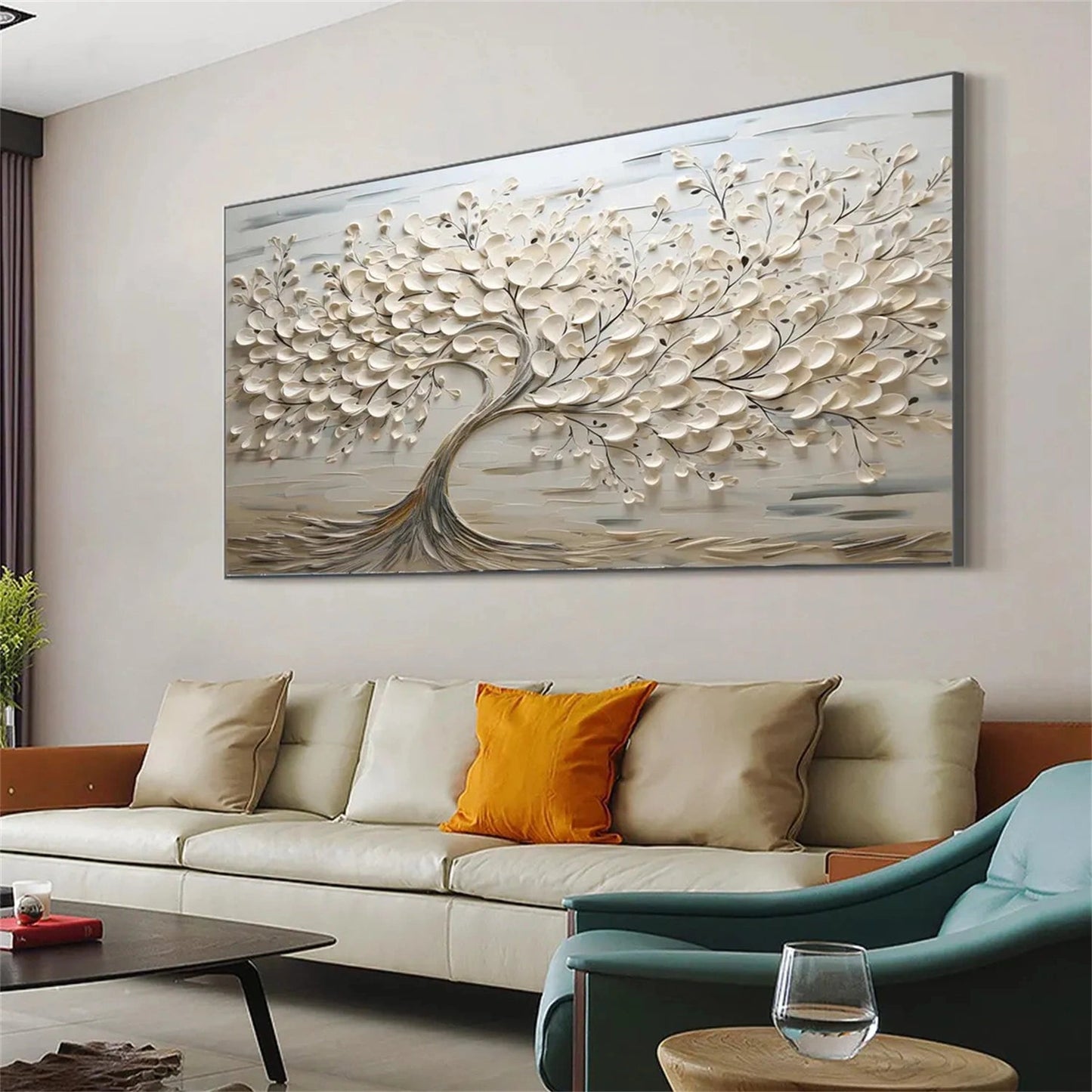 Oversized Abstract Tree Painting - Large Beige Textured Horizontal Wall Art on Canvas #ZZ142