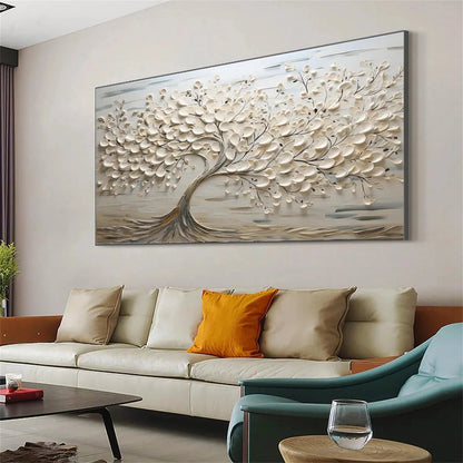 Oversized Abstract Tree Painting - Large Beige Textured Horizontal Wall Art on Canvas #ZZ142