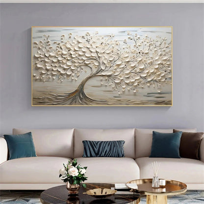 Oversized Abstract Tree Painting - Large Beige Textured Horizontal Wall Art on Canvas #ZZ142
