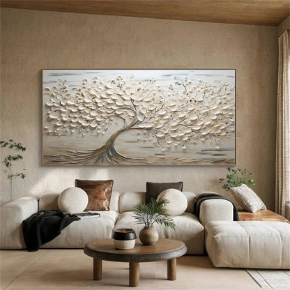 Oversized Abstract Tree Painting - Large Beige Textured Horizontal Wall Art on Canvas #ZZ142