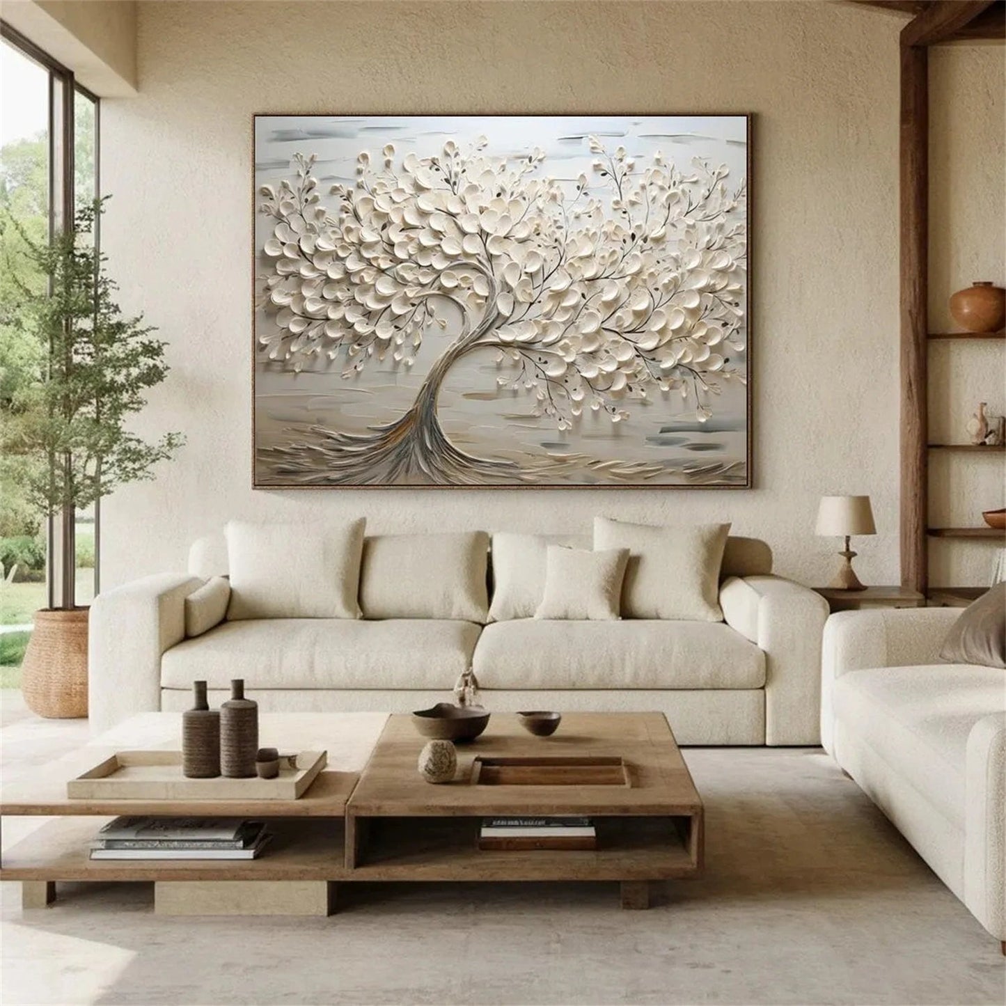 Oversized Abstract Tree Painting - Large Beige Textured Horizontal Wall Art on Canvas #ZZ142