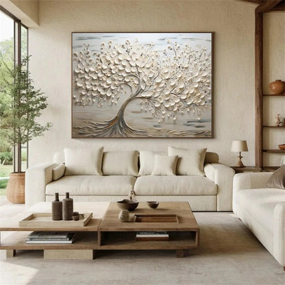 Oversized Abstract Tree Painting - Large Beige Textured Horizontal Wall Art on Canvas #ZZ142