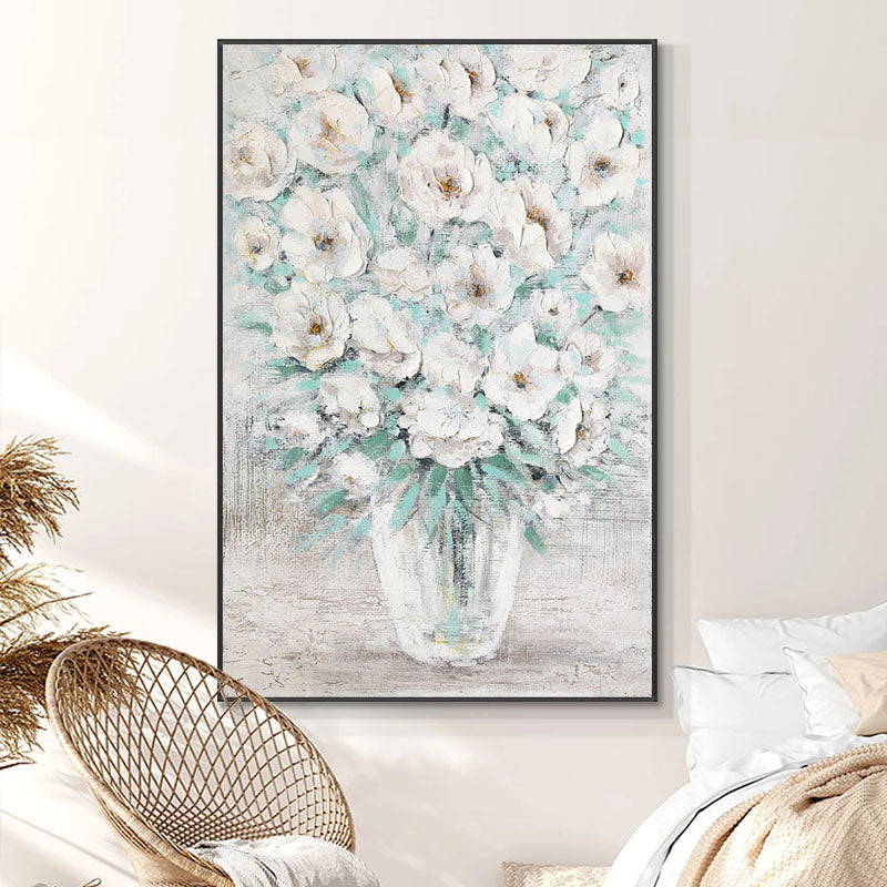 White Floral Vase Oil Painting - Textured Flower Wall Art#ZZ 252