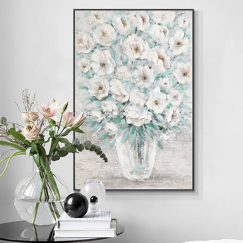 White Floral Vase Oil Painting - Textured Flower Wall Art#ZZ 252