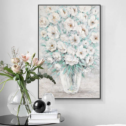 White Floral Vase Oil Painting - Textured Flower Wall Art#ZZ 252