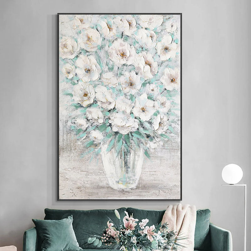 White Floral Vase Oil Painting - Textured Flower Wall Art#ZZ 252