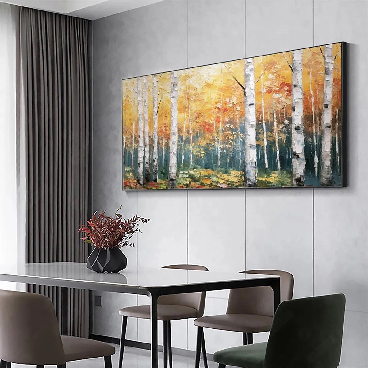Large hand-painted serene birch forest oil painting with warm woodland tones #AA300