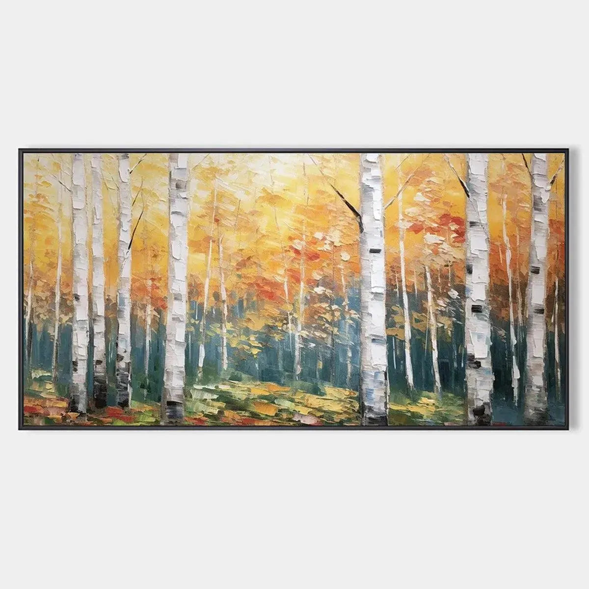 Large hand-painted serene birch forest oil painting with warm woodland tones #AA300