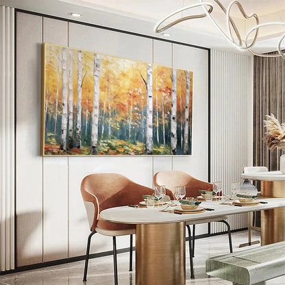 Large hand-painted serene birch forest oil painting with warm woodland tones #AA300