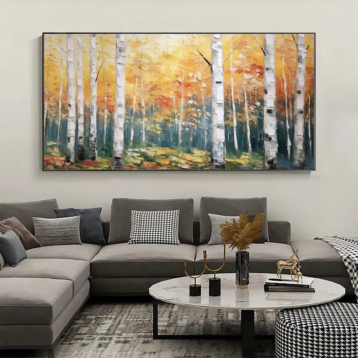 Large hand-painted serene birch forest oil painting with warm woodland tones #AA300