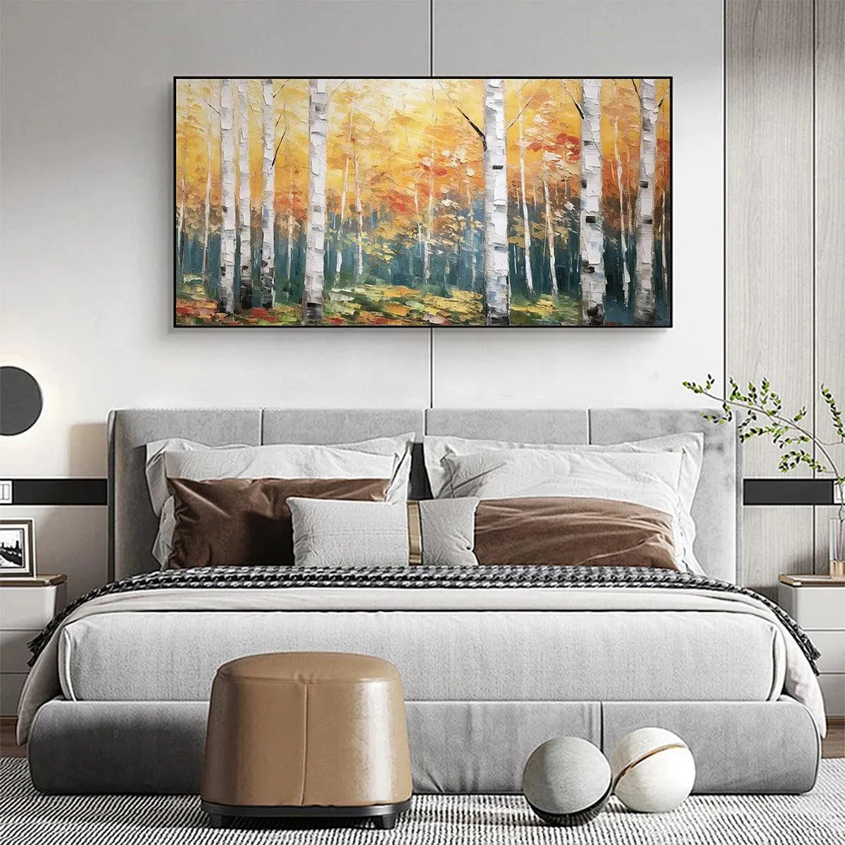 Large hand-painted serene birch forest oil painting with warm woodland tones #AA300