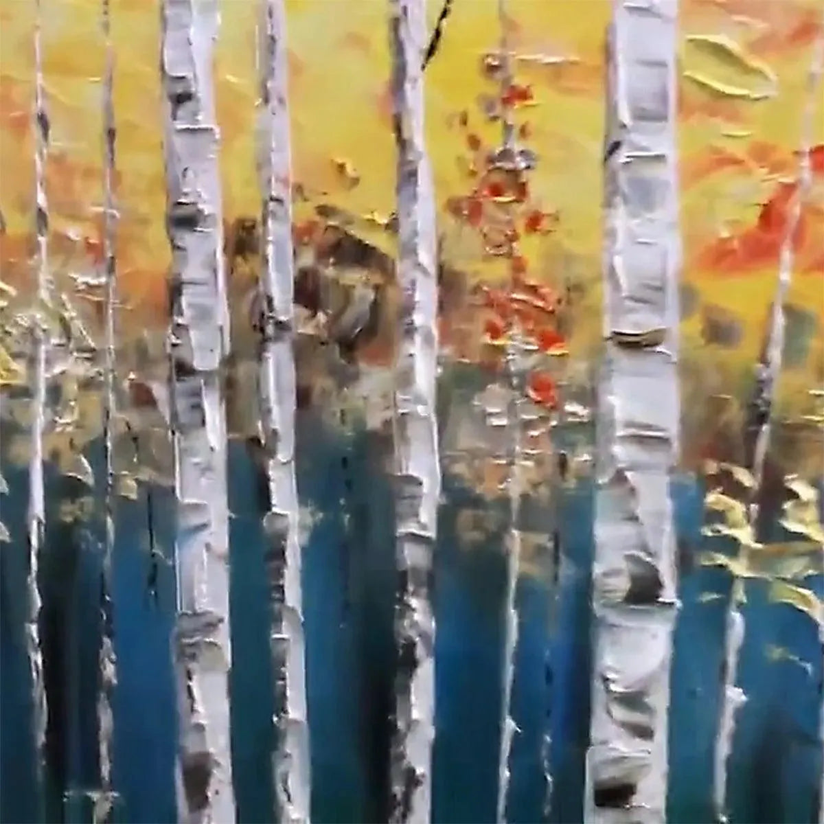 Large hand-painted serene birch forest oil painting with warm woodland tones #AA300