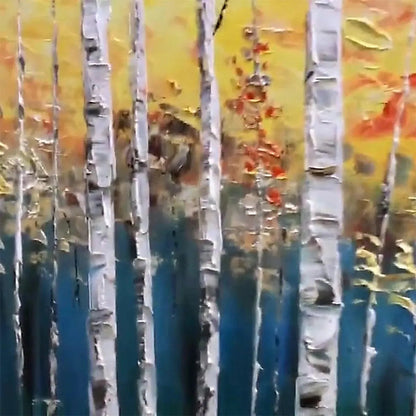 Large hand-painted serene birch forest oil painting with warm woodland tones #AA300