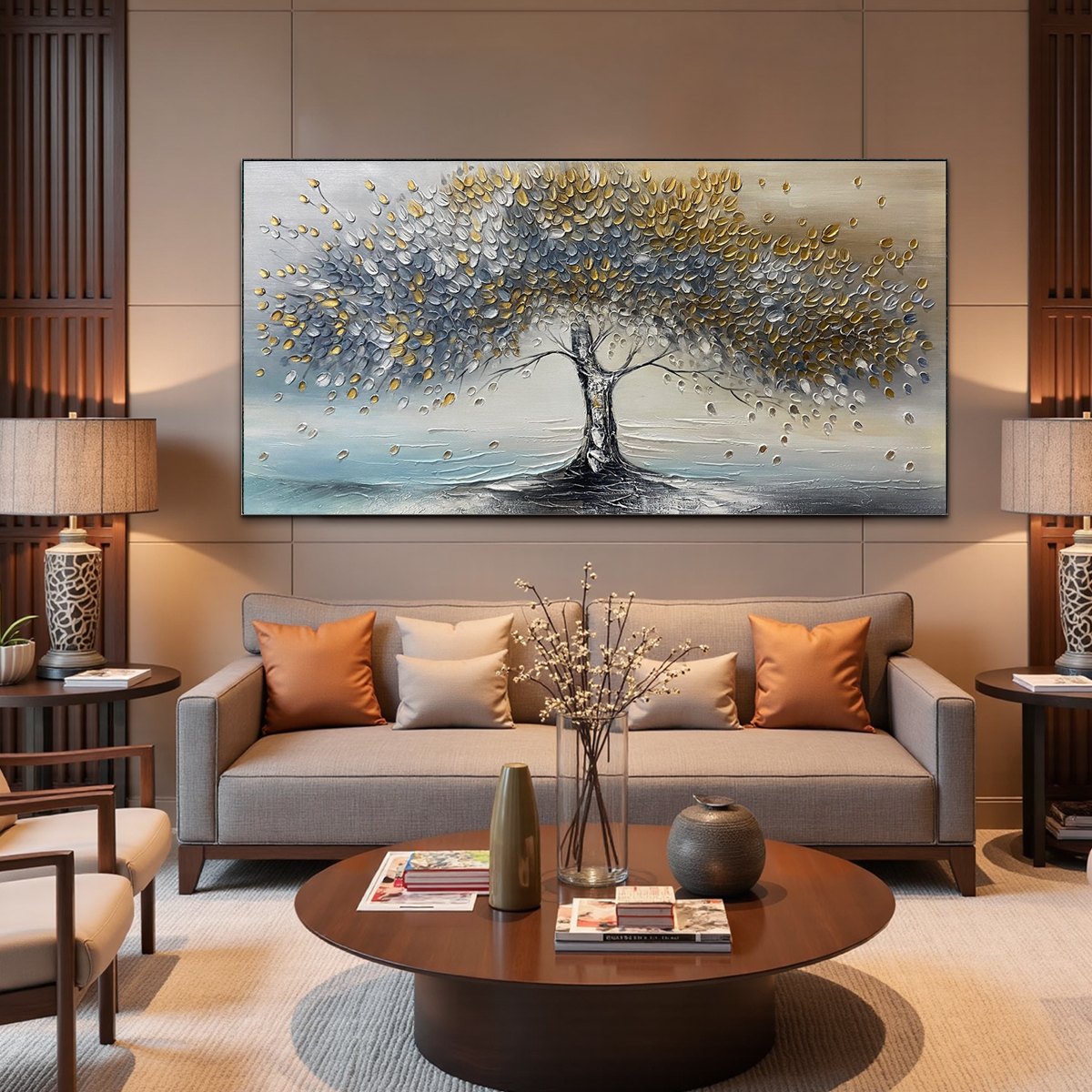Abstract Gold Tree Painting - Grey and Gold Textured Wall Art#TC 246