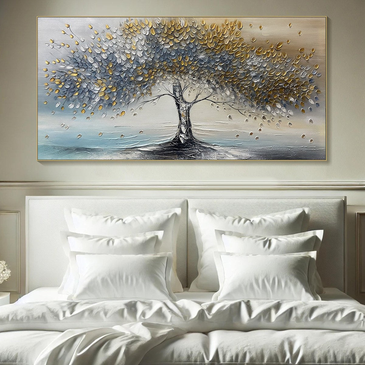 Abstract Gold Tree Painting - Grey and Gold Textured Wall Art#TC 246