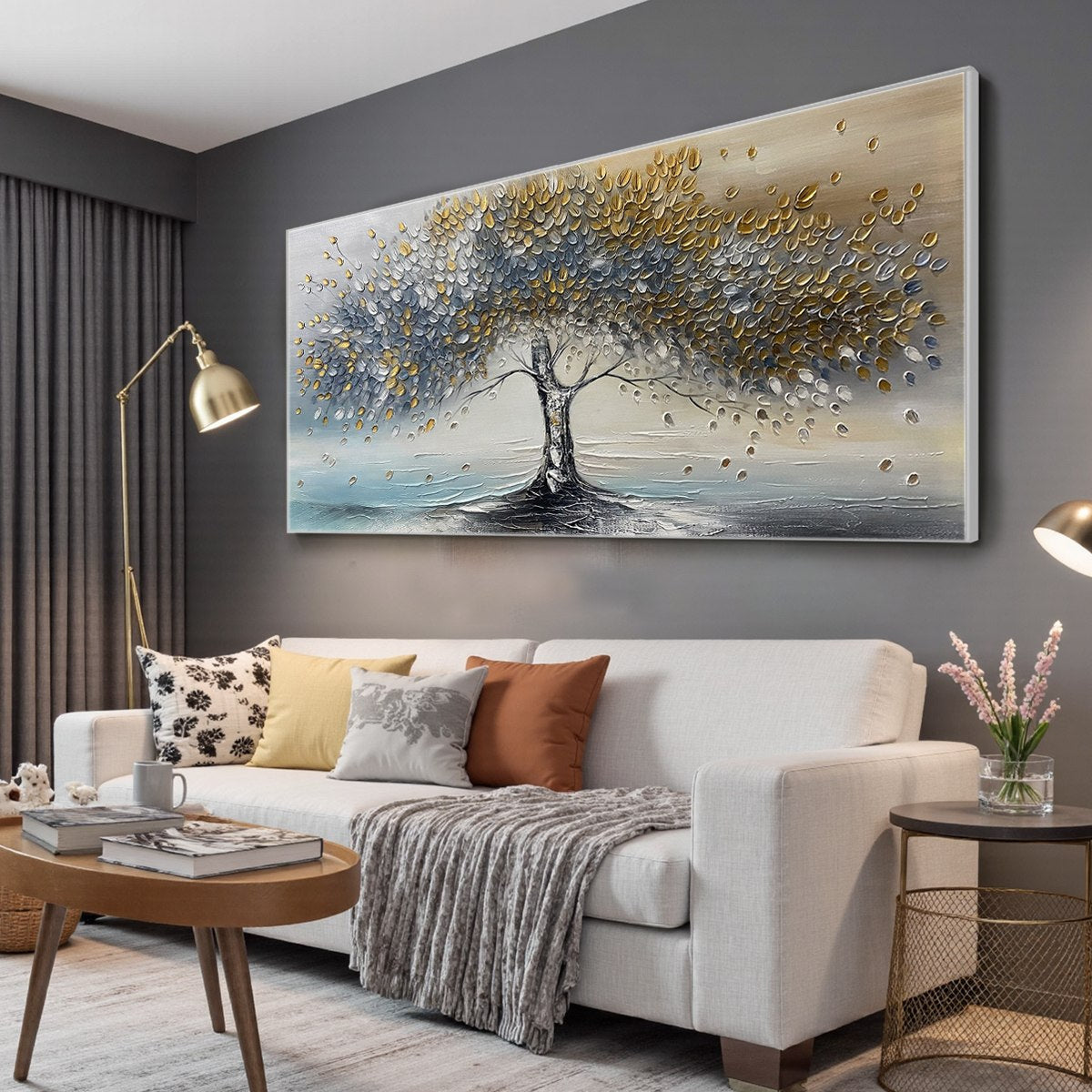 Abstract Gold Tree Painting - Grey and Gold Textured Wall Art#TC 246