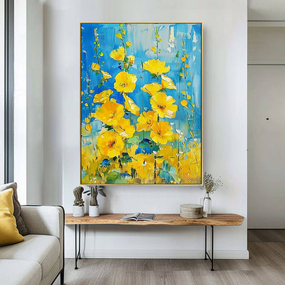 Vibrant Yellow Flower Painting | Blue Abstract Floral Art #AA 055